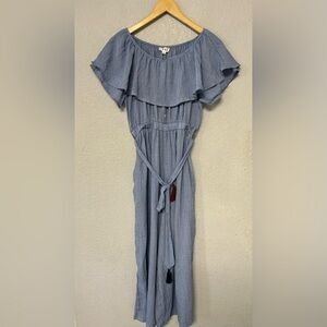 THML Blue Junpsuit Jumper Off‎ Shoulder Cinched Waist Tassel Belt Size S